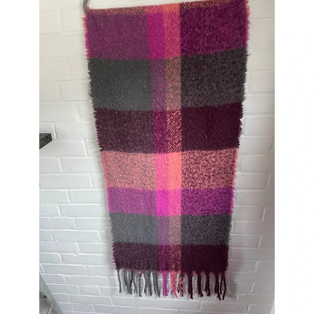Juicy Couture Plaid Fringe Blanket Scarf Cozy‎ Soft Purple Pink Gray One Size